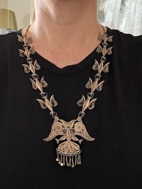Vintage Sterling Silver 925 Filigree Statement Necklace Boho Large Pendant